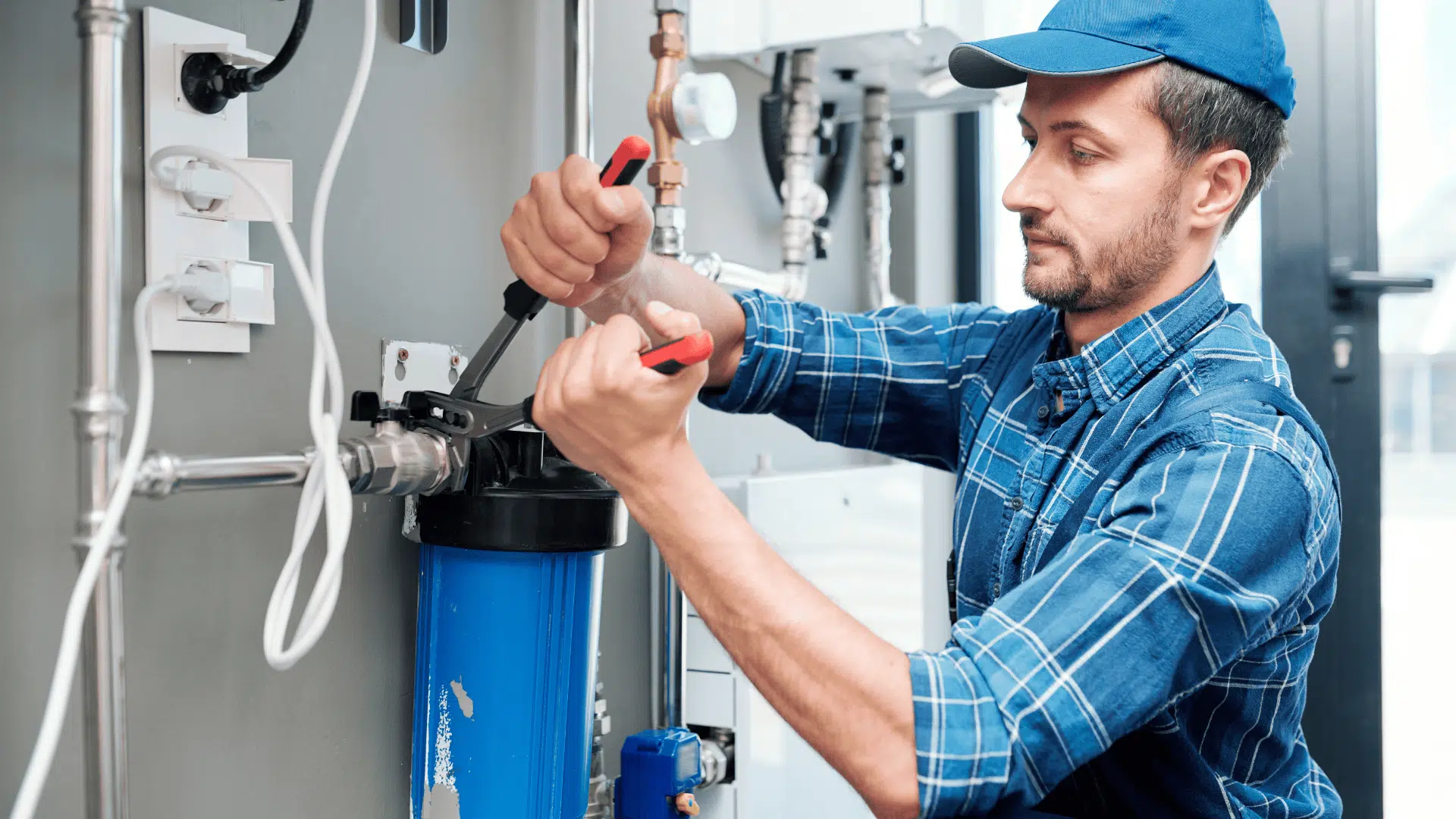 water softener technician working