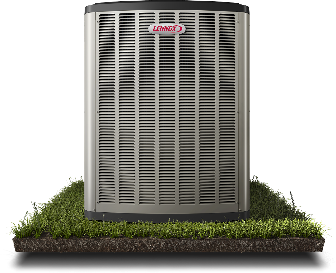 Lennox outdoor air conditioner condenser on a grassy patch.
