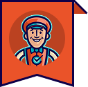 Cartoon astronaut mascot in a blue spacesuit with helmet, on an orange circular badge with a ribbon edge.