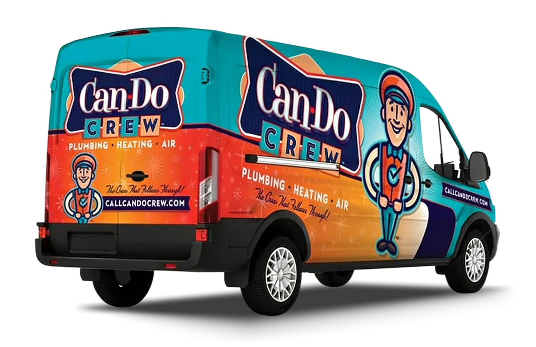 Can Do Crew van wrap advertisement with teal, orange, and blue colors and a cartoon technician logo on the side.