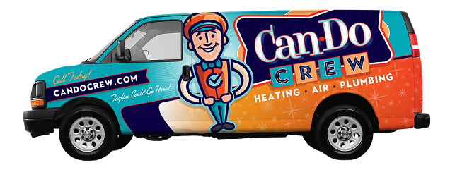 A colorful Can-Do Crew plumbing van with cartoon mascot, advertising heating, air, and plumbing services and the site candocrew.com on the side panel.