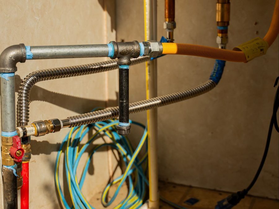 Plumbing pipes and flexible water lines connected inside a utility or mechanical area.